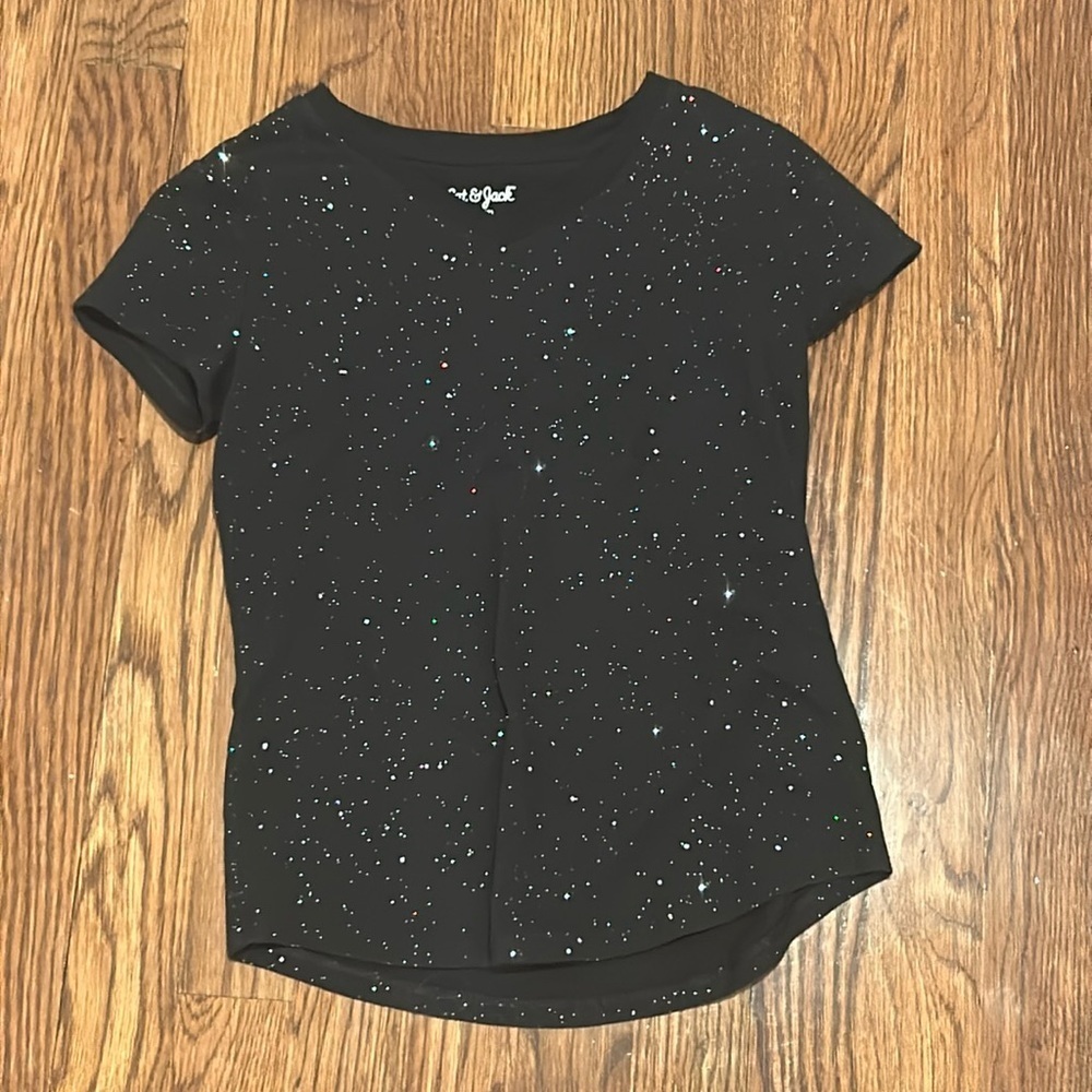 Cat & Jack Girls Sparkly Black V Neck Tee, Size M